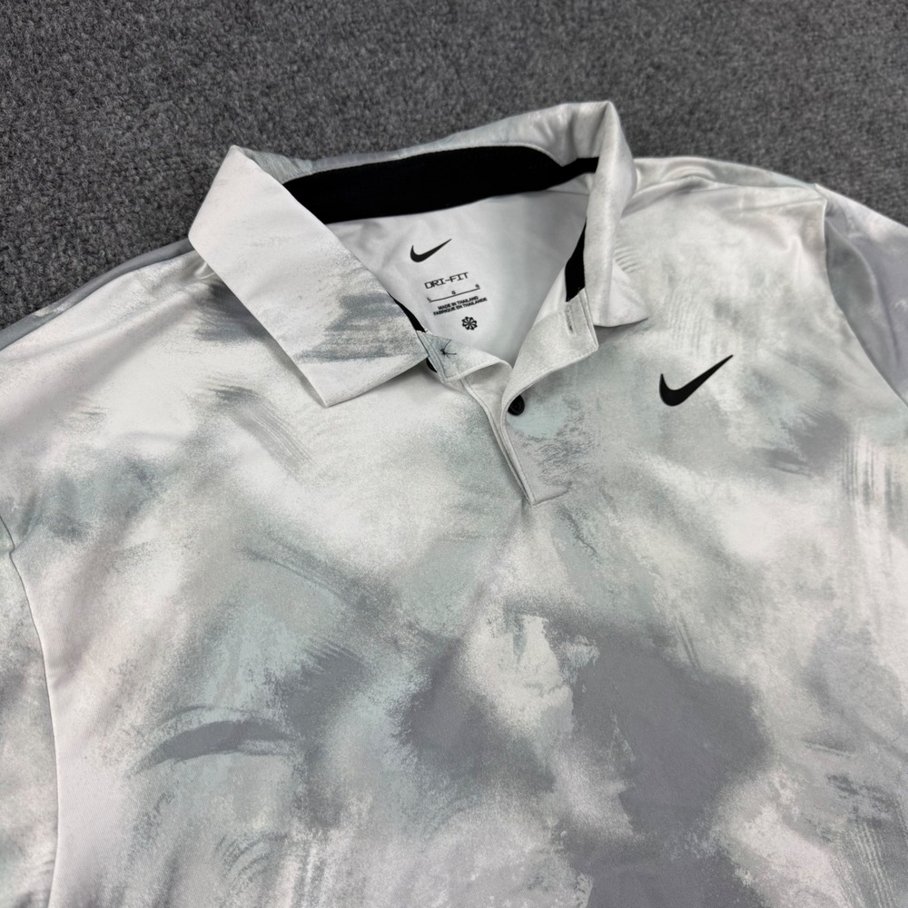 Nike Dri-FIT Polo Large White Gray Abstract Print Short Sleeve Mens